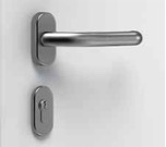 A brushed stainless steel lever handle and stainless steel escutcheon.